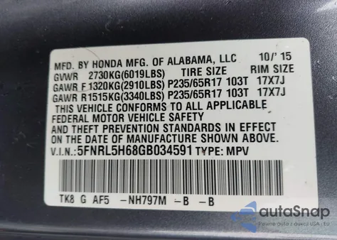 2016 Honda Odyssey Ex-L z USA, uszkodzony, nr VIN 5FNRL5H68GB034591